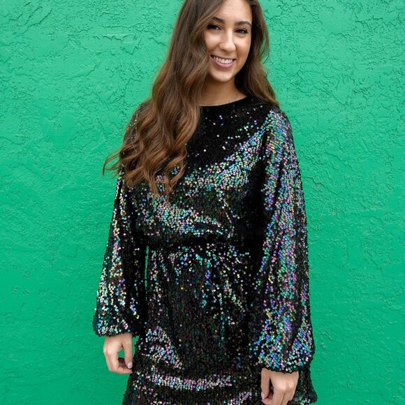 NWT - Sequin Puff Sleeve Black Long Sleeve Party Dress - Picture 3 of 5